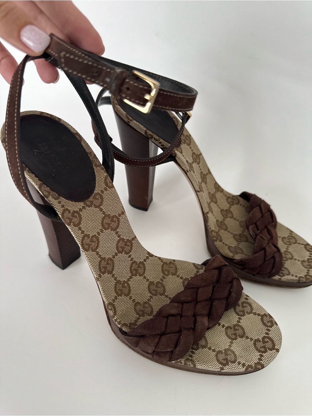 Gucci GG Brown Braid Strap Platform Heels Sandals Ankle Strap
